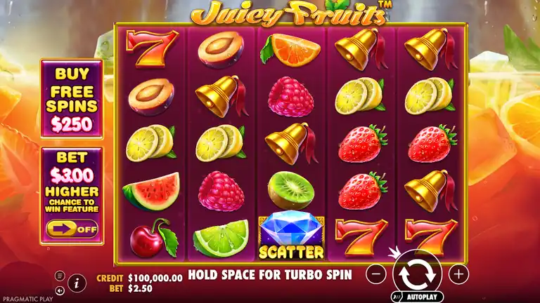 Juicy Fruits session start spin 1 - base game grid, Diamond scatter visible, CREDIT $100,000.00