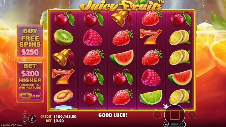 Juicy Fruits session at spin 430 post-bonus cluster - base game grid, CREDIT $100,143.80