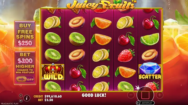 Juicy Fruits session at spin 846 mid-session - base game, CREDIT $99,610.60