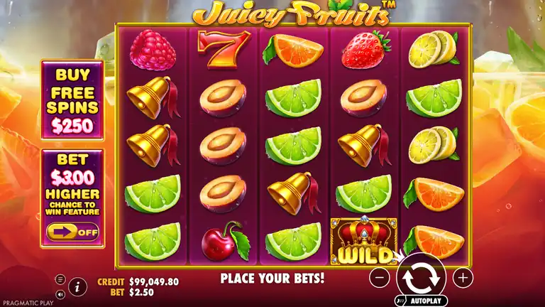 Juicy Fruits session end at spin 1711 - Crown Wild visible, PLACE YOUR BETS, CREDIT $99,049.80