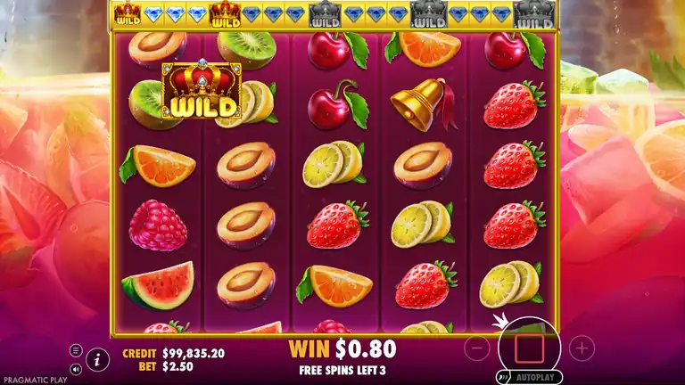 Juicy Fruits FREE SPINS active - Crown Wild at 1x1 position, progress meter visible at top, FREE SPINS LEFT 3 shown