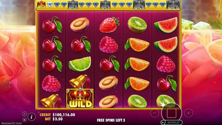 Juicy Fruits FREE SPINS second bonus round with Crown Wild active at 1x1 stage