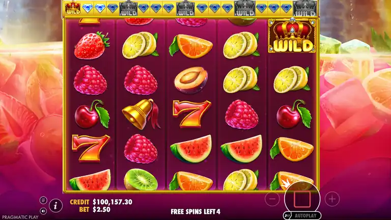 Juicy Fruits FREE SPINS third bonus round at spin 473 with Crown Wild active, scatter progress meter showing
